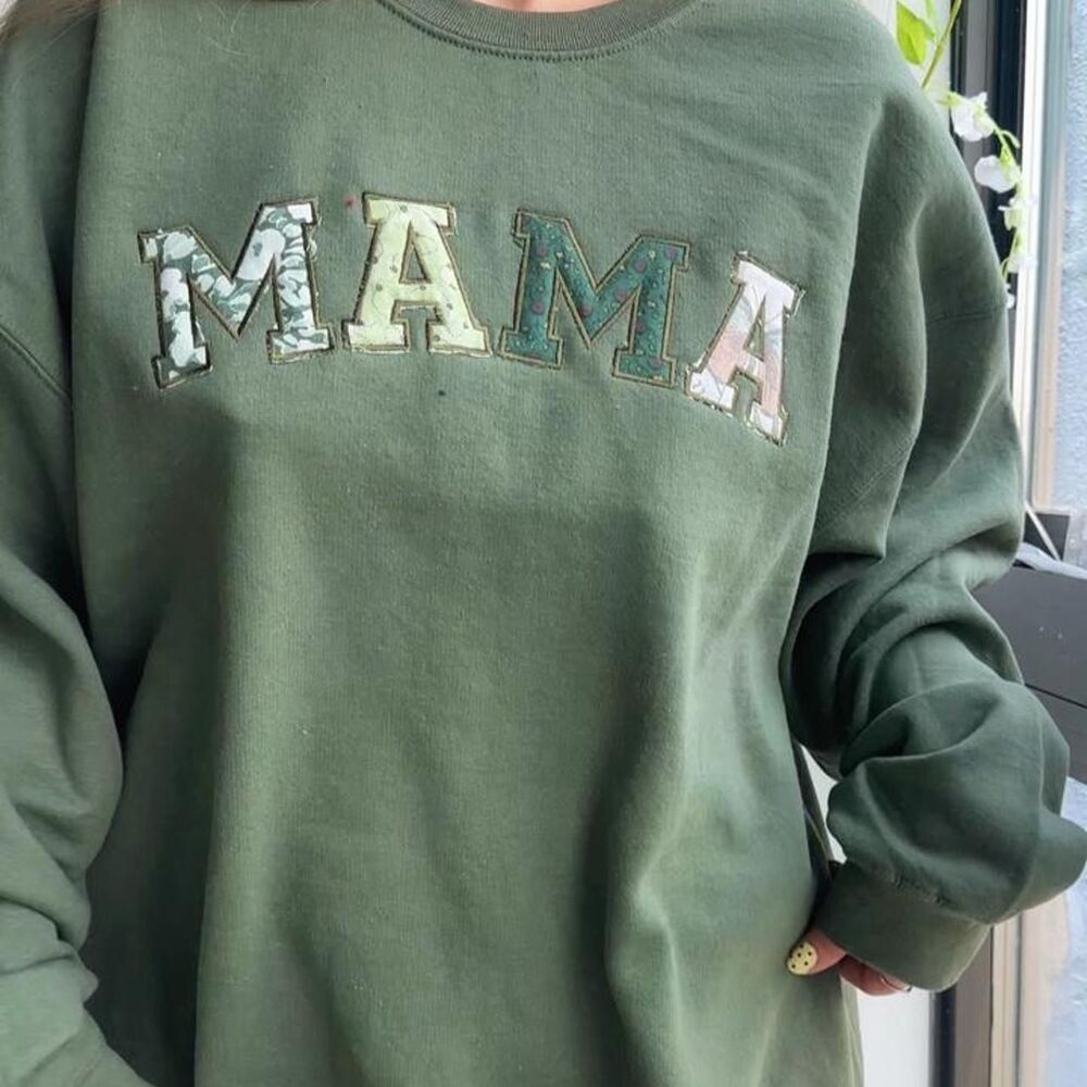 NWT Mama Embroidered Monochrome Women's Olive Green Crewneck Sweatshirt